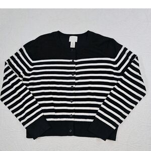 Cardigan Button Sweater Black White Stripe XL Nautical Preppy Classic Old Money